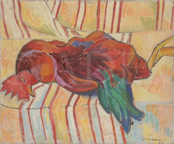 Juliette CHOPIN (né en 1931)
Le Coq, 1952
Huile sur toile.
Signée et datée en bas à droite.
50 x 61 cm