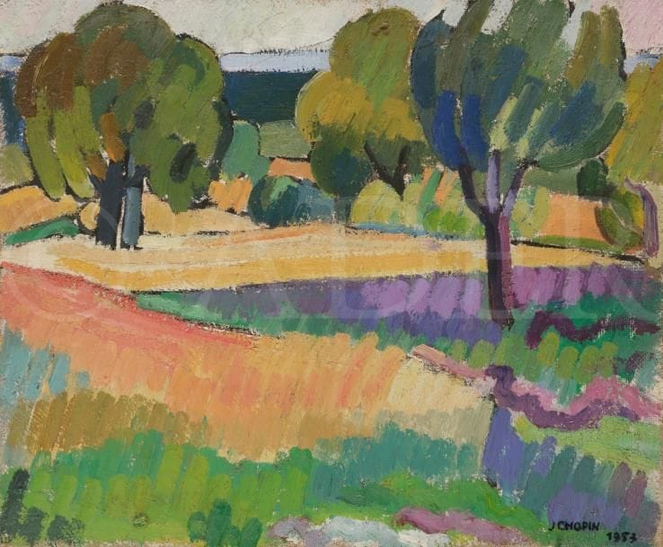 Juliette CHOPIN (né en 1931)
Les Audries, 1953
Huile sur toile.
Signée et datée en bas à droite.
33 x 46 cm