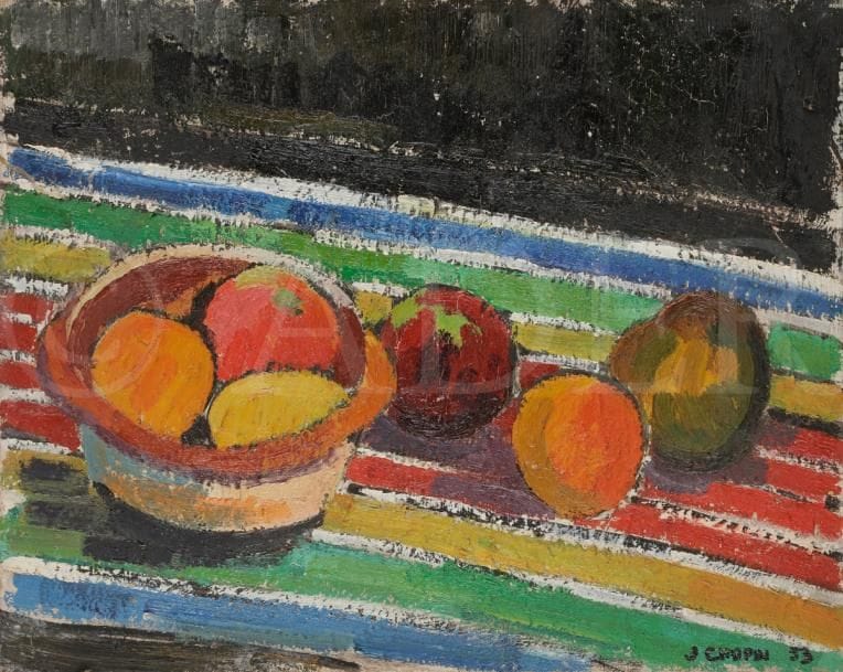 Juliette CHOPIN (né en 1931)
Nature morte aux fruits, 1953
Huile sur toile.
Signée et datée en bas à droite.
33 x 41 cm
