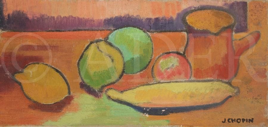 Juliette CHOPIN (né en 1931)
Nature morte, 1953
Huile sur toile.
Signée en bas à droite.
(Petits manques).
18 x 38 cm