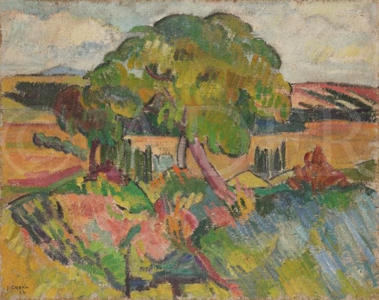 Juliette CHOPIN (né en 1931)
Le Noyer, 1954
Huile sur toile.
Signée et datée en bas à gauche.
73 x 92 cm
