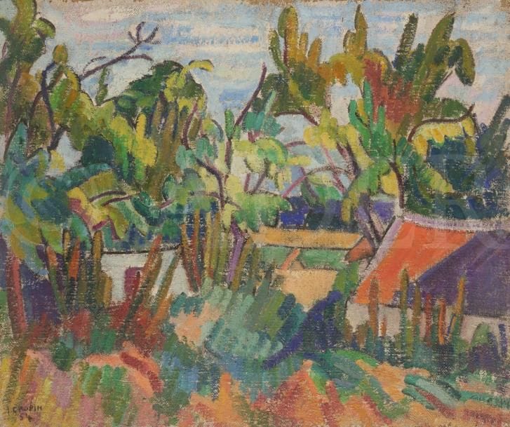 Juliette CHOPIN (né en 1931)
Le Petit toit rouge, 1954
Huile sur toile.
Signée et datée en bas à gauche.
60 x 73 cm