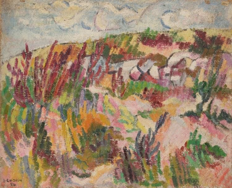 Juliette CHOPIN (né en 1931)
Les Grandes herbes, 1954
Huile sur toile.
Signée et datée en bas à gauche.
60 x 73 cm