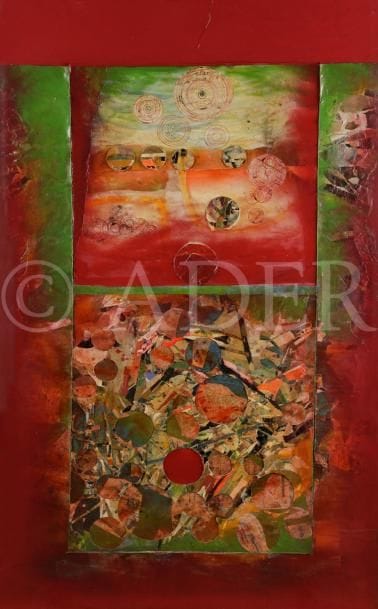 Franz BEER [autrichien] (né en 1929)
Deux versions, 1968
Huile et collage sur panneau.
Signée et datée en bas à droite.
Signée, datée et titrée au dos.
135 x 81 cm
