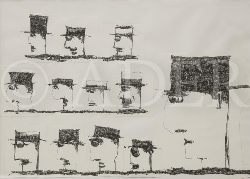 Olivier FRANCK (né en 1963)
Profils d’homme au chapeau, 2016
Dessin à l’encre sur papiers découpés.
Signé et daté dans la composition.
29 x 39 cm