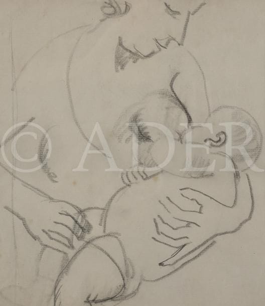 Charlotte HENSCHEL [allemande] (1905-1985)
Femme allaitant
2 fusains.
Non signés.
Portent le cachet de l’atelier au dos du montage.
21.5 x 19.5 (chaque)