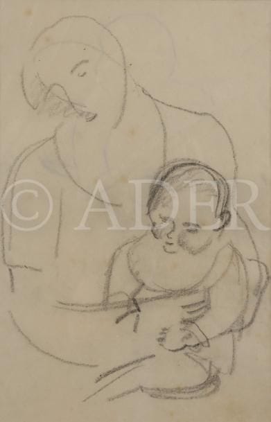 Charlotte HENSCHEL [allemande] (1905-1985)
Femme à l’enfant
2 fusains.
Non signés.
Portent le cachet de l’atelier au dos du montage.
26 x 16.5 cm et 22 x 19 cm