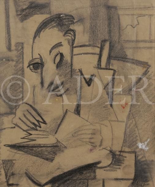Charlotte HENSCHEL [allemande] (1905-1985)
Personnage au livre cubiste
Dessin à la mine de plomb.
Non signé.
Porte le cachet de l’atelier au dos du montage.
(Accident).
28.5 x 23.5 cm