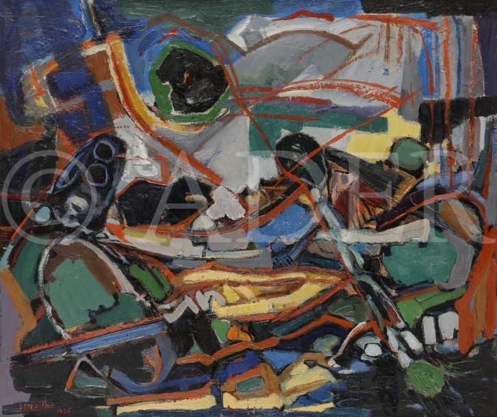 Jean MAILHE (1912-1997)
Ici ou ailleurs, 1972
Huile sur toile.
Signée et datée en bas à gauche.
Titrée sur le châssis.
(Petit manque).
54 x 65 cm