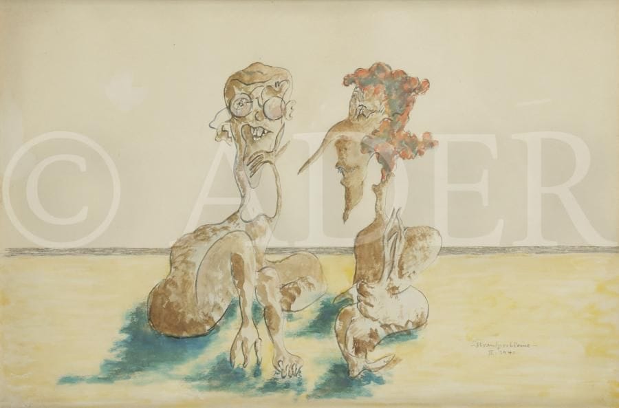 Henrik Neugeboren dit Henri NOUVEAU [franco-roumain] (1901-1959)
Strandprobleme, 1940
Aquarelle.
Titrée et datée en bas à droite.
Monogrammée et datée au dos.
30 x 45 cm