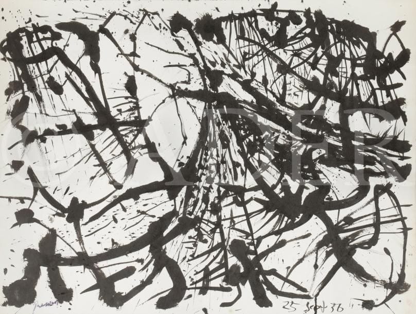 Mario PRASSINOS (1916-1985)
Paysage, 1956
Encre sur papier.
Porte le cachet de l’atelier en bas à gauche.
Datée en bas à droite.
(Taches).
47.5 x 63.5 cm