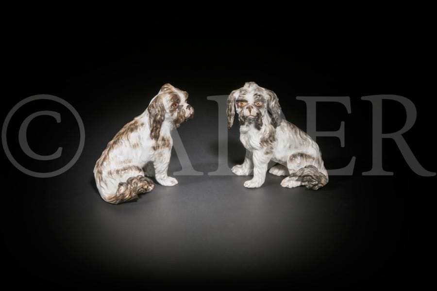 Meissen
Deux figures d’épagneul assis en porcelaine à décor polychrome.
L’un marqué : épées croisées en bleu.
Fin du XIXe siècle.
H. 16 cm