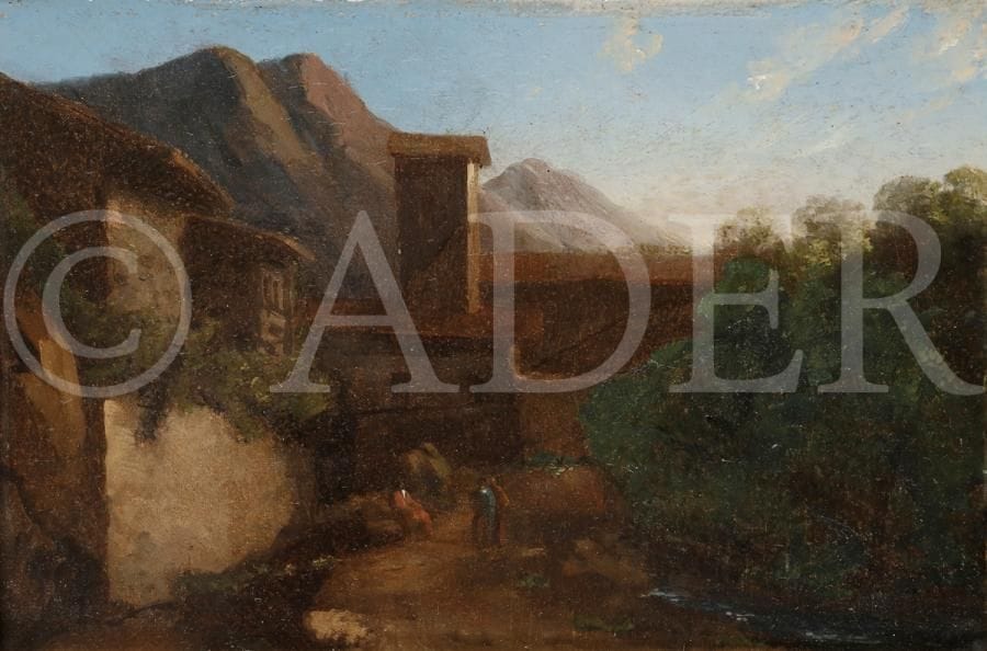 Attribué à Paul FLANDRIN (1811 - 1902)
Les montagnes de la Sabine
Panneau de noyer, une planche, non parqueté, filassé
16 x 23 cm