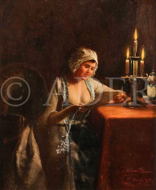 Victor MARAIS-MILTON (1872-1968)
Jeune femme lisant à la lumière d’un candélabre
Huile sur panneau.
Signée, datée en bas à droite et dédicacée « A Madame Pressart souvenir ».
Frottements
28 x 33 cm