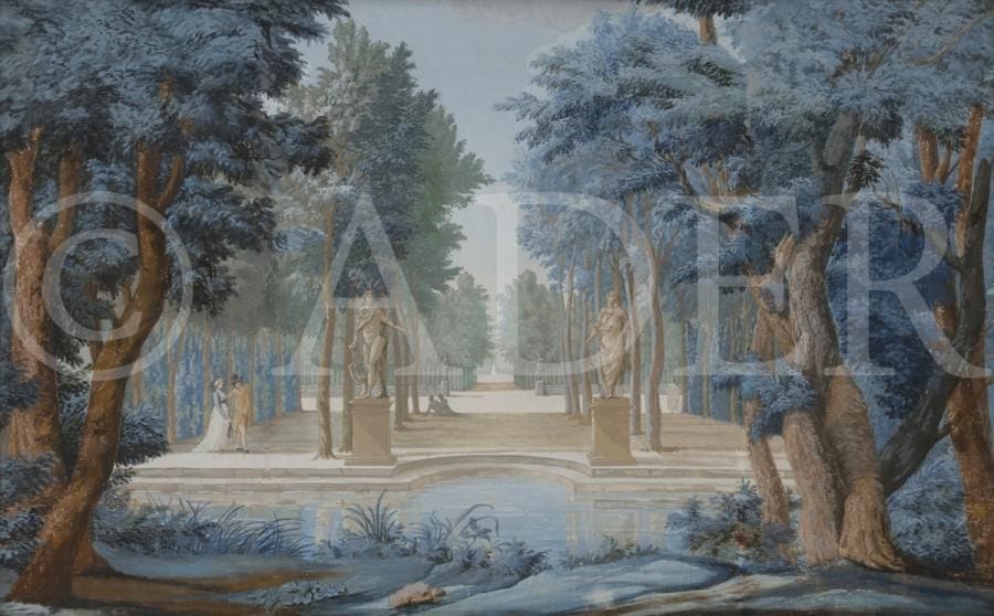 ÉCOLE FLAMANDE de la fin du XVIIIe siècle
Vue d’un parc animé
Gouache.
(Écaillures et traces de pliures).
29,5 x 46,5 cm