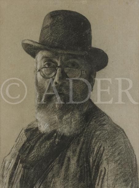 École FRANÇAISE de la fin du XIXe siècle
Portrait d’homme au chapeau en buste
Crayon noir, estompe et craie blanche sur papier passé.
31 x 23 cm