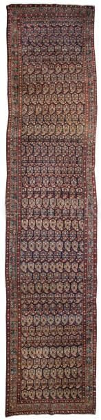 Tapis Mossoul en laine, XXe siècle
Importante galerie d’Iran à décor de multiples botehs multicolores, petite bordure bleu roi à guirlande de fleurs.
491 x 105 cm