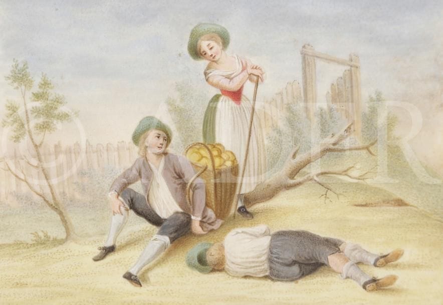 Peter (Pierre) MAŸR 
(Fribourg en Brisgau, 1758 - Munich, 1836)
Deux miniatures sur vélin dans un Album Amicorum de 1801. 
Album Amicorum relié en cuir fauve marqué au petit fer en doré sur la couverture « GERARD » et sur la tranche « Souvenir de mes amis », dans son étui en carton, rect. 10 x 17 cm ; environ 75 feuillets non paginés dont 8 manuscrits de divers amis en français ou en allemand localisés à Augsbourg et Strasbourg en 1801, orné de deux miniatures sur vélin (peau de veau), signées et datées 1801