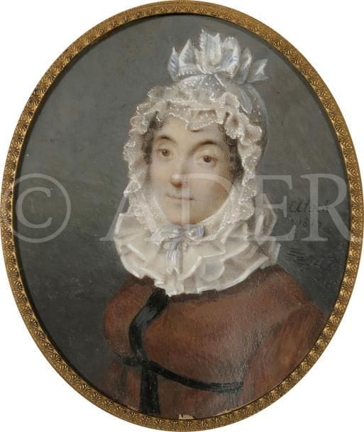 Louis-Jean-Marie ATOCH (St Cyr, 1785 - ?)
Atoch exposa au Salon en 1824 et 1827 surtout des paysages à l’aquarelle. Ses portraits en miniature sont très rares.
Mme Barthélemy Caillat née Cécile Félix, en charlotte blanche et robe marron à triple collerette blanche
Miniature sur ivoire du début du XIXe siècle, époque Restauration 
Signée et datée à droite : Atoch / 1817
ovale 6,8 x 5,7 cm ; cadre en bois bruni et visière de laiton doré, rect. 12 x 10,8 cm.
Cécile Félix née le 26 juillet 1771 à Lyon, épousa Barthélémy Caillat (1762-1839), eut une fille en 1789 et mourut le 8 octobre 1816 à 45 ans