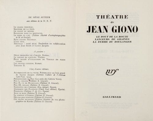 J. GIONO.
Théâtre. Paris, N.R.F, 1943. Sous double emboîtage. EDITION ORIGINALE Contenant : Le bout de la route - Lanceurs de graines - La femme du boulanger. Tirée à 585 exemplaires numérotés. Un des 35 sur vélin.