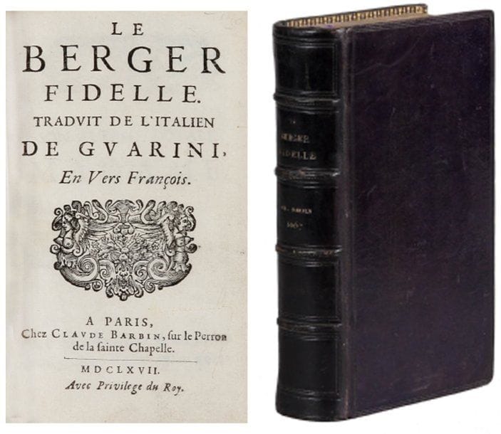GUARINI.
Le berger fidelle (sic). Traduit de l'italien en vers françois. A Paris, Chez Cl. Barbin, 1667. Relié plein veau violet janséniste, dos à nerfs, dentelle intérieure, tranches dorées. BEL EXEMPLAIRE en reliure postérieure. Orné de 6 belles gravures. Texte italien en regard.