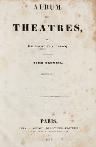 A. GUYOT et DEBACQ.
Album des théâtres. Tome premier (et unique) Paris, Chez Guyot, 1837. Relié plein cartonnage noir d'époque. 20 livraisons comprenant une analyse complète des pièces ou des opéras et la chronique des théâtres. Chaque livraison est ornée de 4 gravures sur bois représentant les décors et les costumes (80 gravures en tout).