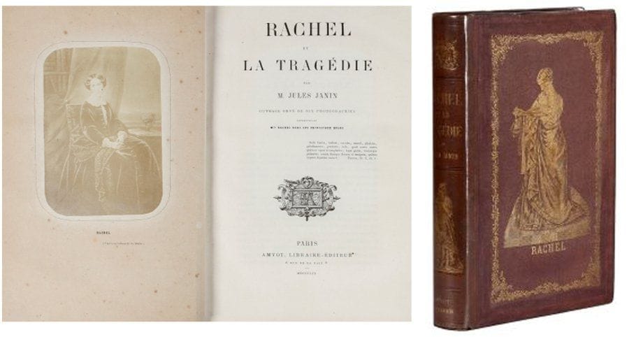 J. JANIN.
Rachel et la Tragédie. Paris, Amyot, 1859. Relié en demi-chagrin violet, plats toile chagrin de même couleur avec le portrait en pied de la tragédienne dans le rôle de Monime («Mithridate») sur les plat supérieurs, dos orné, tranches dorées, reliure de l'éditeur. EDITION ORIGINALE, illustrée de 10 photographies hors texte de LA BRANCHERE, avec leurs serpentes, représentant l'actrice dans ses principaux rôles. Ouvrage très recherché pour ses photos.