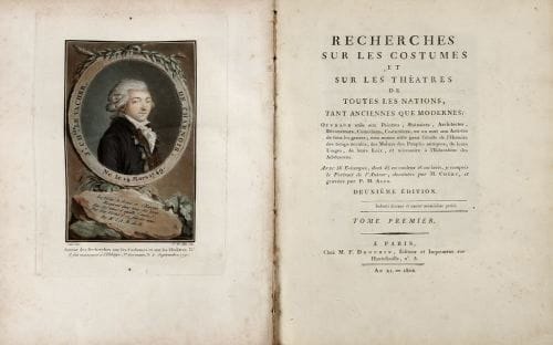 J.-Ch. LE VACHER DE CHARNOIS.
Recherches sur les costumes et sur les théâtres de toutes les nations tant anciennes que modernes. Ouvrage utile aux Peintres, Architectes, Décorateurs, Comédiens, Costumiers, etc. Avec des estampes en couleurs et au lavis, dessinées par M. CHERY et gravées par P.M. ALIX. A Paris, Chez Drouhin, An XI. 2 volumes relié plein cartonnage rose, non rogné Avec 56 estampes, dont 45 en couleurs et au lavis, y compris le beau portrait de l'auteur, dessinées par Chéry et gravées par Alix, Ride et Sergent. La première édition de 1790 ne comporte pas de portrait.