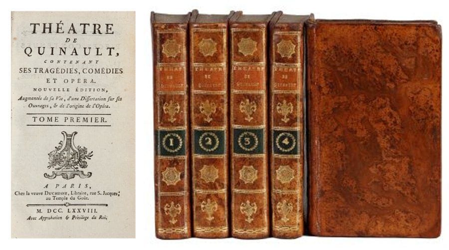 QUINAULT.
Théâtre. Contenant ses tragédies, comédies et opéras. Nouvelle édition augmentée de sa vie, d'une dissertation sur ses ouvrages, et de l'origine de l'Opéra. A Paris, Chez Vve Duchesne, 1778. 5 volumes reliés pleine basane marbrée, dos lisses ornés.