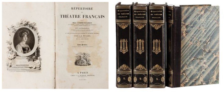 RéPERTOIRE DU THéÂTRE FRANçAIS. A Paris, Chez Duprat, 1826. 4 forts volumes reliés demi-maroquin violet, dos lisses joliment ornés (Dansard). Avec des commentaires par Voltaire, L. Racine, La Harpe, Luneau de Boisjermain, d'Olivet, Palissot, Geoffroy, etc. des remarques de Molière, Le Kain, Baron, Molé, Préville, Larive, Mmes Clairon, Dumesnil, Arnould, etc...