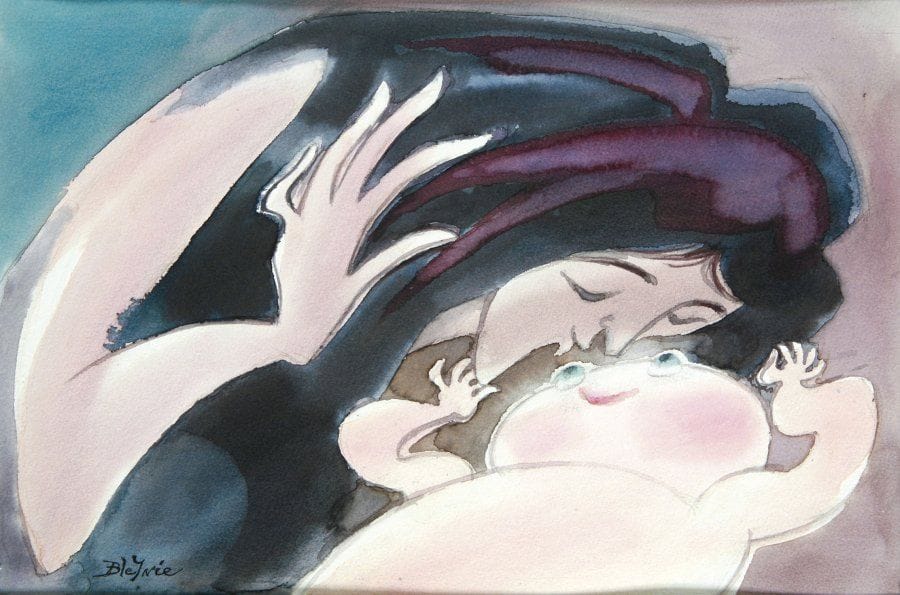 Claude BLEYNIE (Né en 1923)
Con bambino III Dessin à l'encre de couleur sur papier. Signé en bas à gauche. Daté au dos «16.VI.05» et titré. 26 x 38 cm