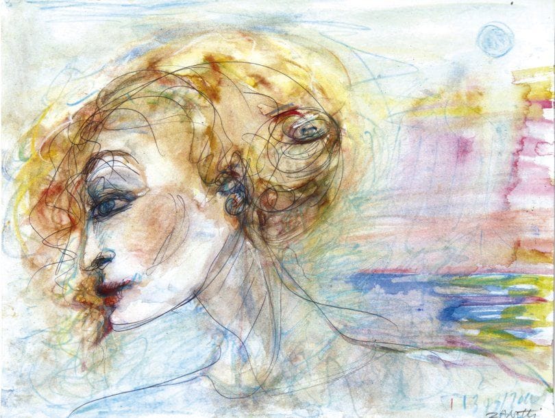 Claire ZANETTI (Née en 1941)
L'Aurore Aquarelle sur papier Vinci. Signée et datée «13/3/2010» en bas à droite. Signée et titrée au dos. 25 x 33 cm