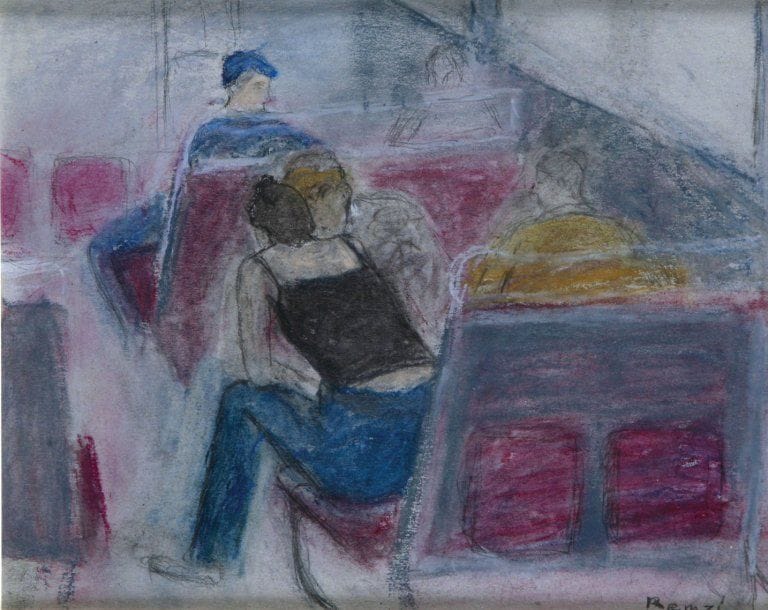 Remzi RASA [turc] (Né en 1928)
La fille en jean dans le métro Pastel sur papier. Signé en bas à droite. Titré au dos et daté «2001». Encadré. 21 x 26 cm