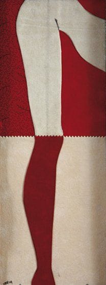 Ophélie BONHEME (Née en 1959)
Legs Dessin, collage et tissus sur toile. Signé et daté «04» en bas à gauche. Encadré. 48 x 19 cm