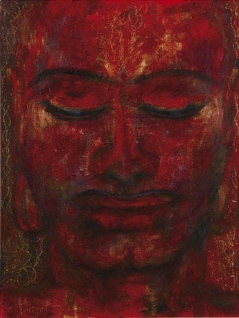 Vinca MIGOT (Née en 1956)
Bouddha de l'énergie de vie. Huile et pigments sur papier. Signé en bas à gauche. Titré au dos. 40 x 30 cm