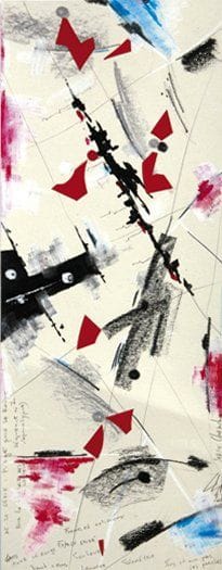 Serge CHAMCHINOV (Né en 1967)
Chaos pour le rouge Pastel gras, encre de Chine et collage sur papier. Signé et daté «2008» en bas à droite. 65 x 25 cm Série Piège pour le rouge - oeuvre n°7.