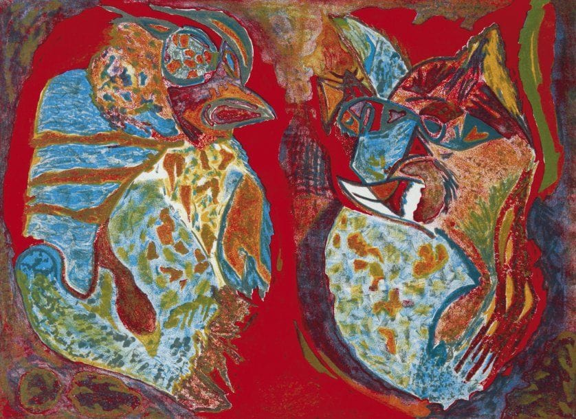 Sophie RAYNAUD (Née en 1954)
Le corbeau et le renard, 1992 Lithographie sur pierre (4 couleurs). Epreuve d'artiste VII/VII. Signée et monogrammée en bas à droite, cachet à froid en bas à droite. 50 x 65 cm