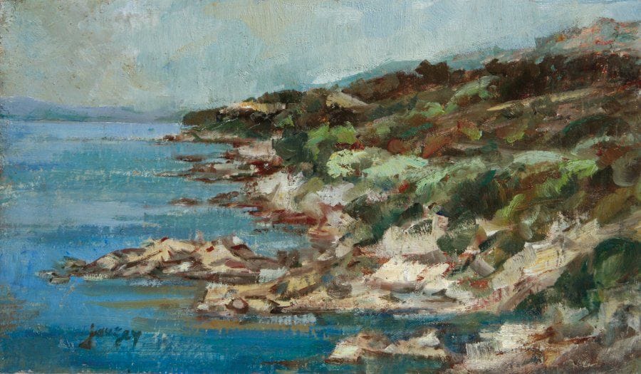 Daniel JAUGEY (Né en 1929)
Côte sauvage Huile sur toile. Signée en bas à gauche. Signée et titrée au dos. 24 x 41 cm