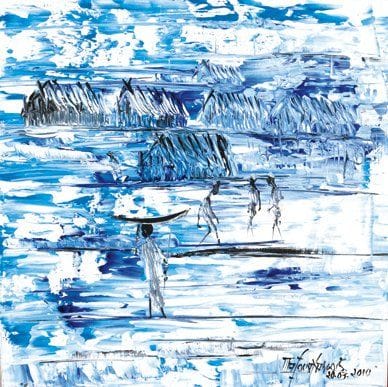 François MAFOUA (Né en 1950)
Le retour au village kimongo Toile signée et datée «20.03.2010» en bas à droite. Située (Congo) et titrée au dos. 60 x 60 cm