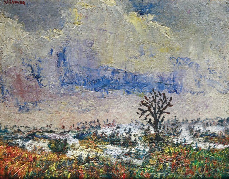 Ali MENOUAR [marocain] (Né en 1937)
Neige en Dauphiné Huile sur toile. Signée en haut à gauche. Datée au dos «janvier 1988» et située «Première neige en Dauphiné». Encadrée. 40 x 50 cm