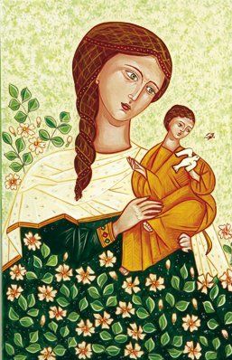 Anne VIAL (Née en 1951)
Vierge à l'Enfant à la colombe et au papillon Détrempe à l'oeuf sur bois. Monogrammé en bas à droite. 28 x 18 cm