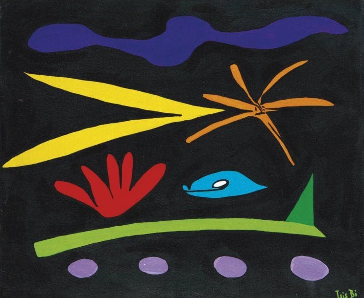 Isis BI (Née en 1955)
Etoile filante Acrylique sur toile. Signée en bas à droite. Au dos, datée «16.02.00», resignée et titrée. 46 x 55 cm