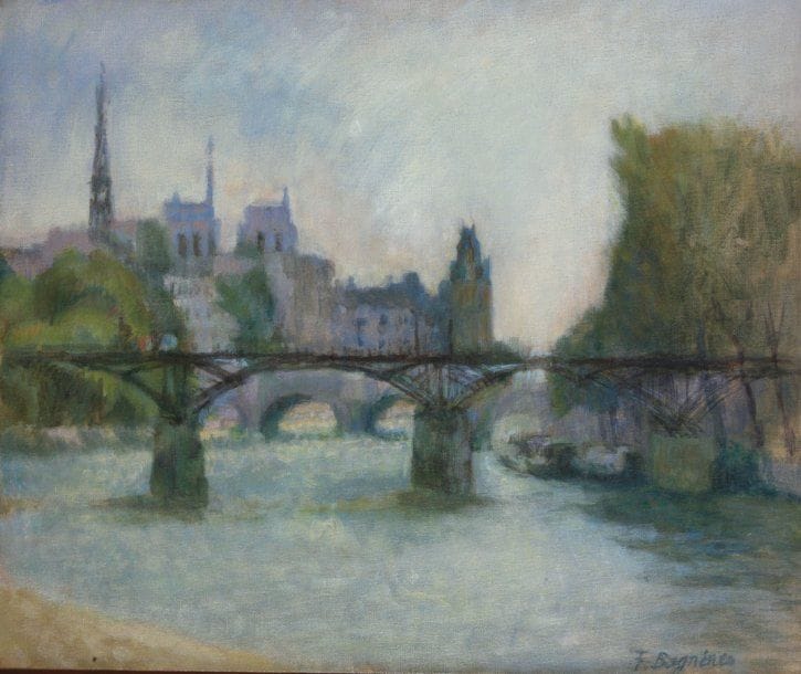 Françoise BAGNERES (Née en 1956)
Vue de Seine, l'ïle de la Cité, Pont des Arts Huile sur toile. Signée en bas à droite. Datée au dos «7.08.2003», resignée et titrée. Encadrée. 46 x 55 cm