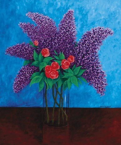 Bruno BRISON (Né en 1964)
Lilas aux roses Huile sur toile. Signée à droite au milieu. Datée au dos «Déc 2009», resignée et titrée. 55 x 46 cm