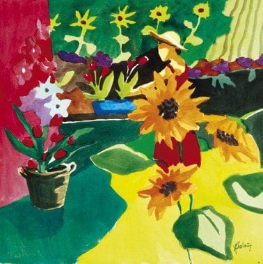 Anne SALAÜN (Née en 1962)
Plantations parmi les tournesols Aquarelle. Signée en bas à droite. Resignée et titrée au dos. 32 x 32 cm