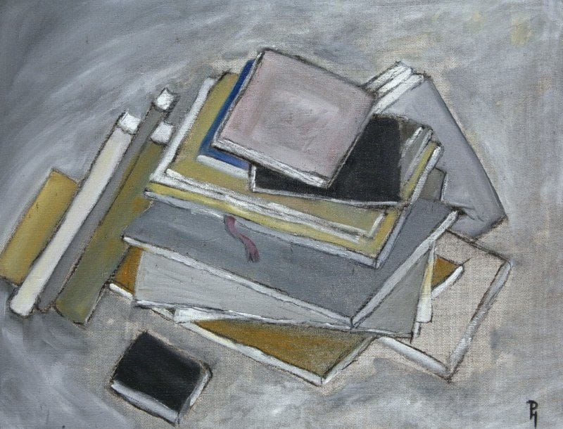 Patrice HUGUIER (Né en 1938)
Mes livres préférés Huile sur toile. Monogrammée en bas à droite. 50 x 65 cm
