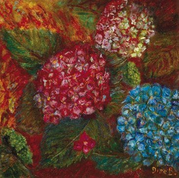 Nadine BOIVIN (Née en 1965)
Trio hortensia Huile sur toile et tissu. Signée en bas à droite. 40 x 40 cm