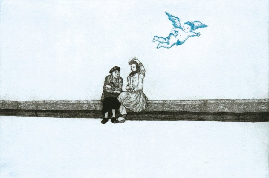 Christine GENDRE BERGERE (Née en 1952)
Un ange passe Eau forte en couleur, numérotée 6/6. Monogrammée et datée «09» en bas à gauche. 38 x 48 cm