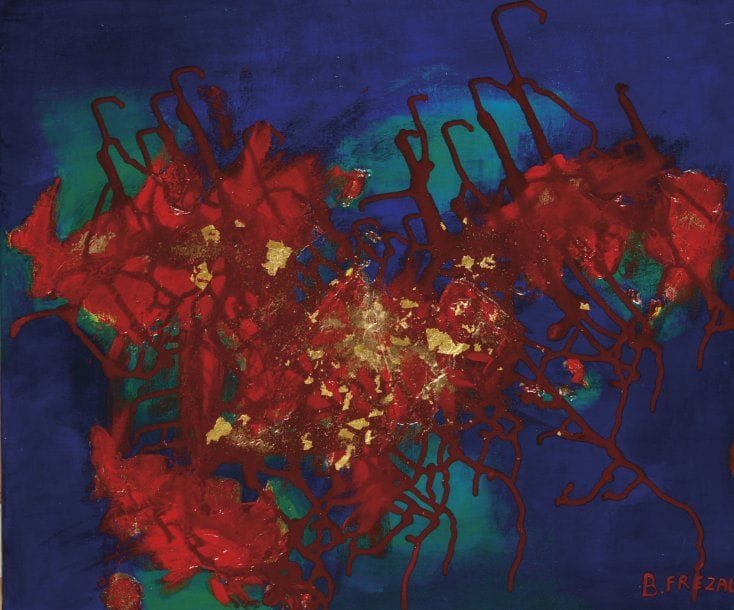 Béatrice FREZAL (Née en 1968)
Golden World Acrylique, cire et feuille d'or sur toile. Signée en bas à droite. Titrée au dos. 46 x 55 cm
