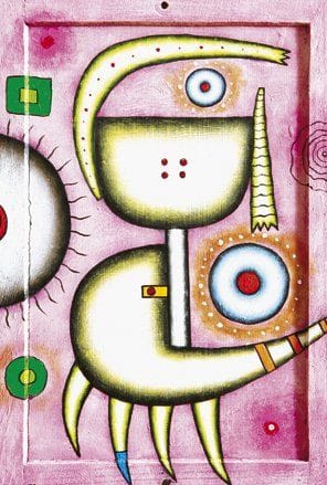 Manabu KOCHI (Né en 1954)
Le voyage Acrylique sur ardoise d'écolier. Signée, datée «10» et titrée en bas à gauche. 26 x 18 cm